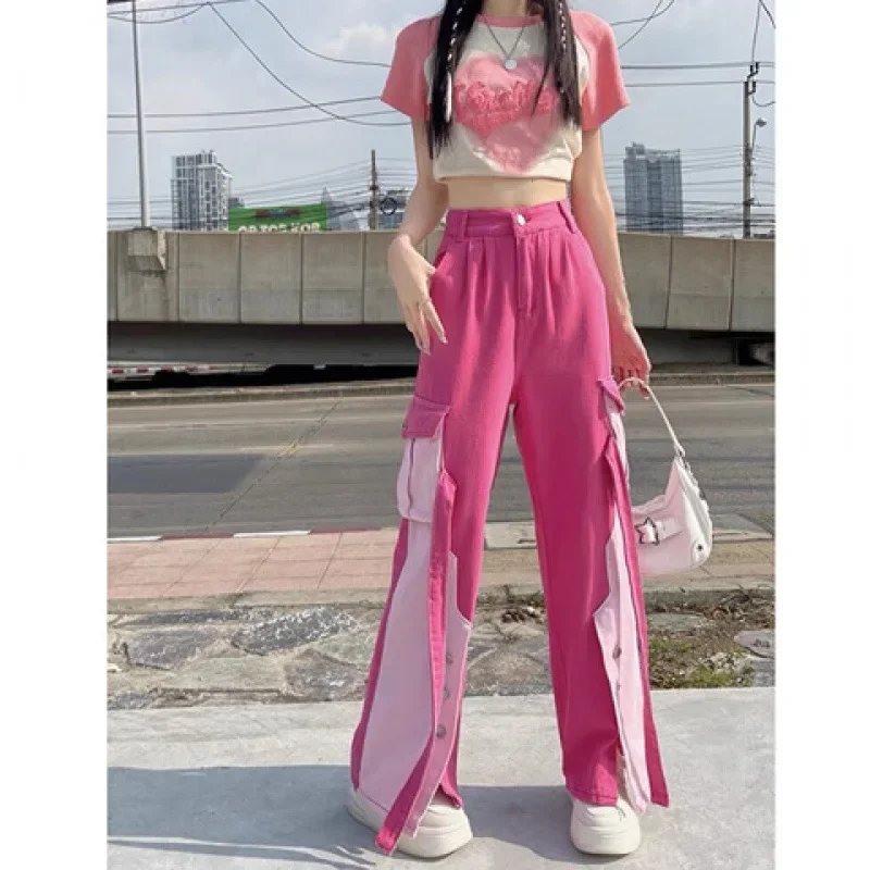 Pink overalls jeans women's autumn spice girl dopamine high waist temperament design sense color matching straight long pants