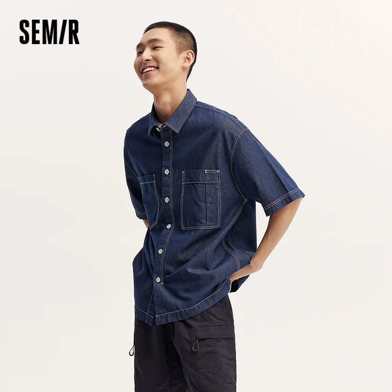 Semir Short Sleeve Shirt Men 2024 New Summer Version Color-blocking Pure Cotton Top Trendy Denim Workwear