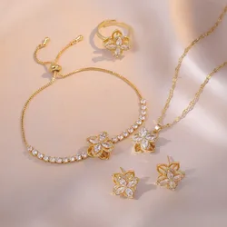 Exquisite Rotate Zircon Four Leaf Flower Stud Earrings for Women Luxury Brand Stainless Steel Crystal Necklace Rings Jewelry Set