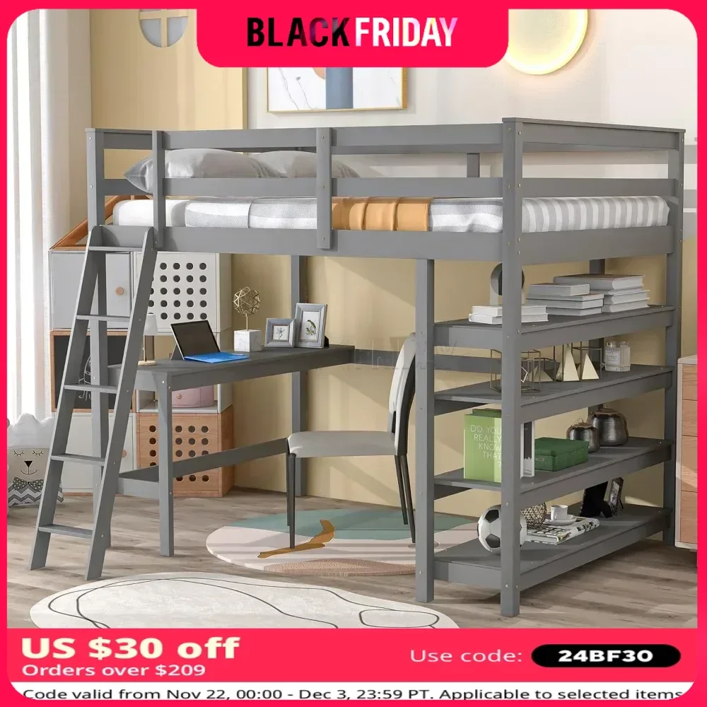 Full Size Loft Bed with Desk,Guardrail and Ladder, High Loft Beds with Desk and Bookcase, Wood Loft Bed Frame