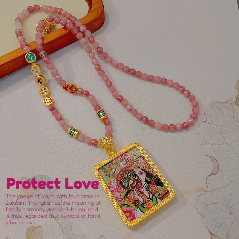 

Tangka Gawu Box Pendant/Tibetan Style Zakiram Pink Textured Stone Beaded Pendant Necklace Hanging Ornaments Healing Protect Love
