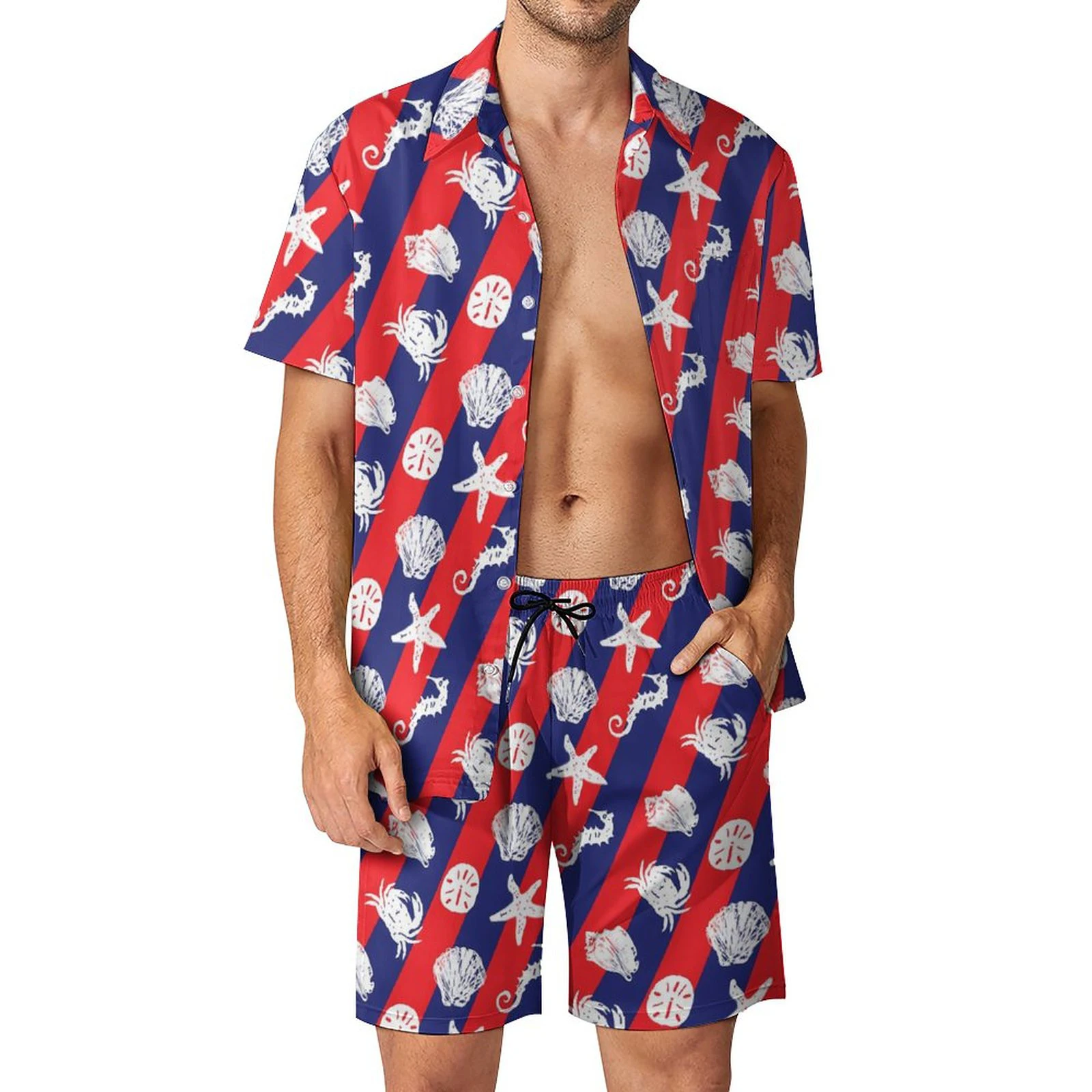 Conjuntos de camisa con estampado 3D de estrella de mar para hombre, camisa de manga corta, pantalones cortos de playa de gran tamaño, ropa de calle, trajes hawaianos, ropa de verano