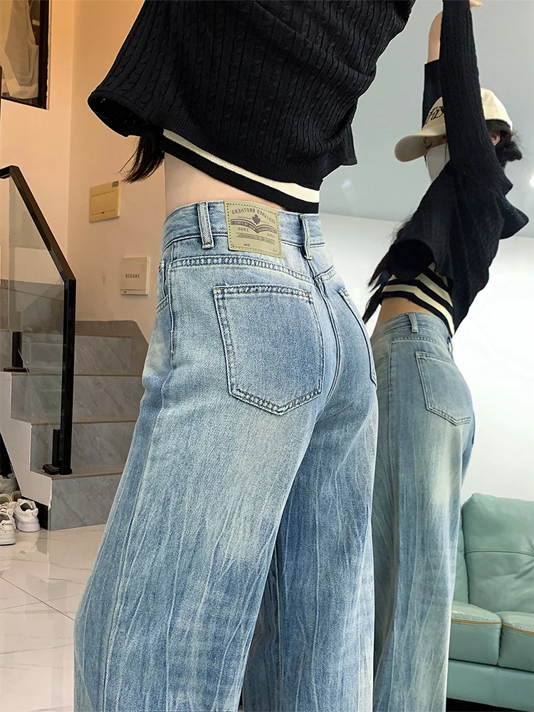 กางเกงยีนส์ทรงขากว้างสไตล์อเมริกันย้อนยุค เอวสูง ทรงหลวม สำหรับผู้หญิง ฤดูใบไม้ร่วง ฤดูหนาว รุ่นใหม่ ทรงหลวม ทรงตรง