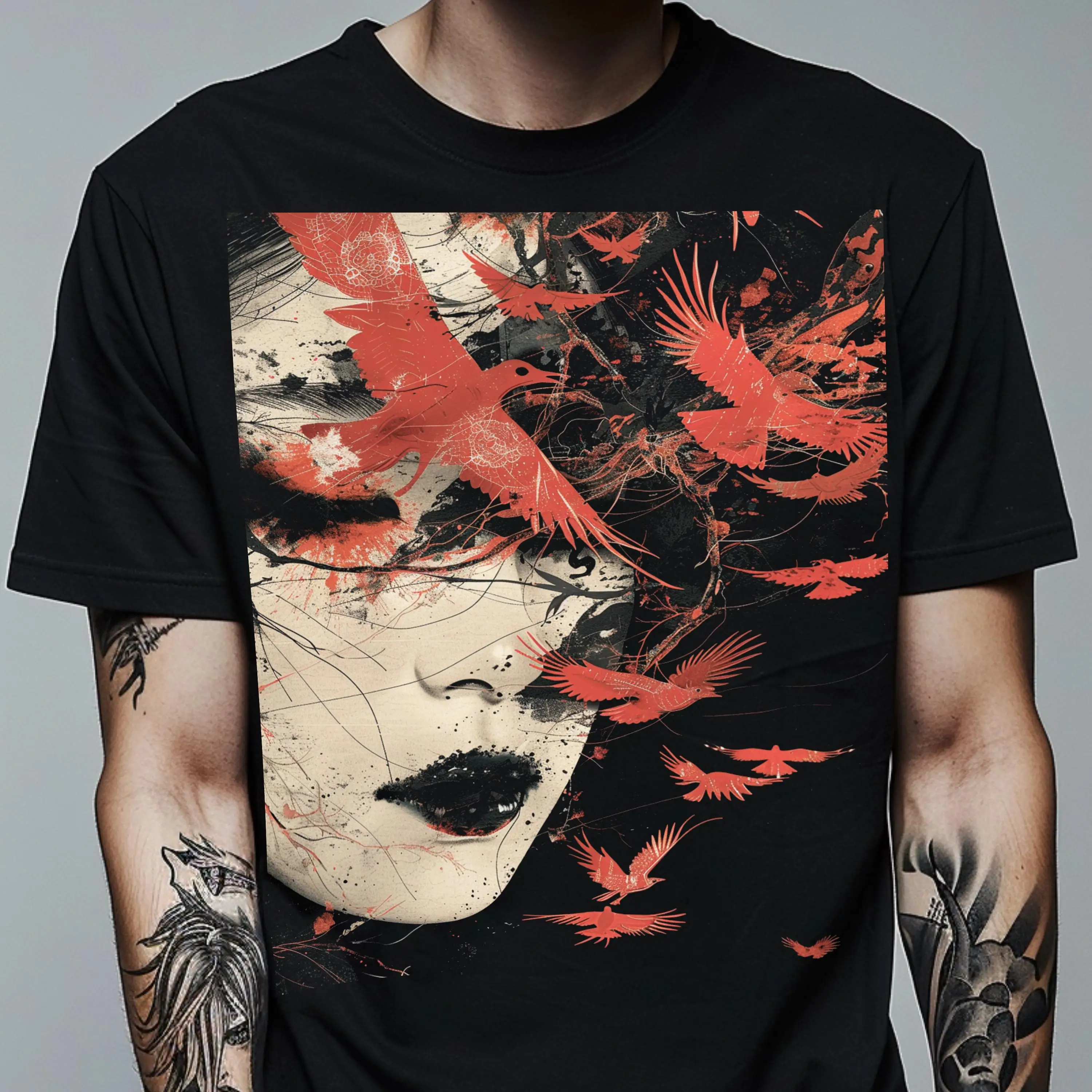 Camiseta con estampado de una geisha y un cuervo, camiseta de terror japonés, camiseta con diseño de estilo Art Nouveau, ropa alternativa.