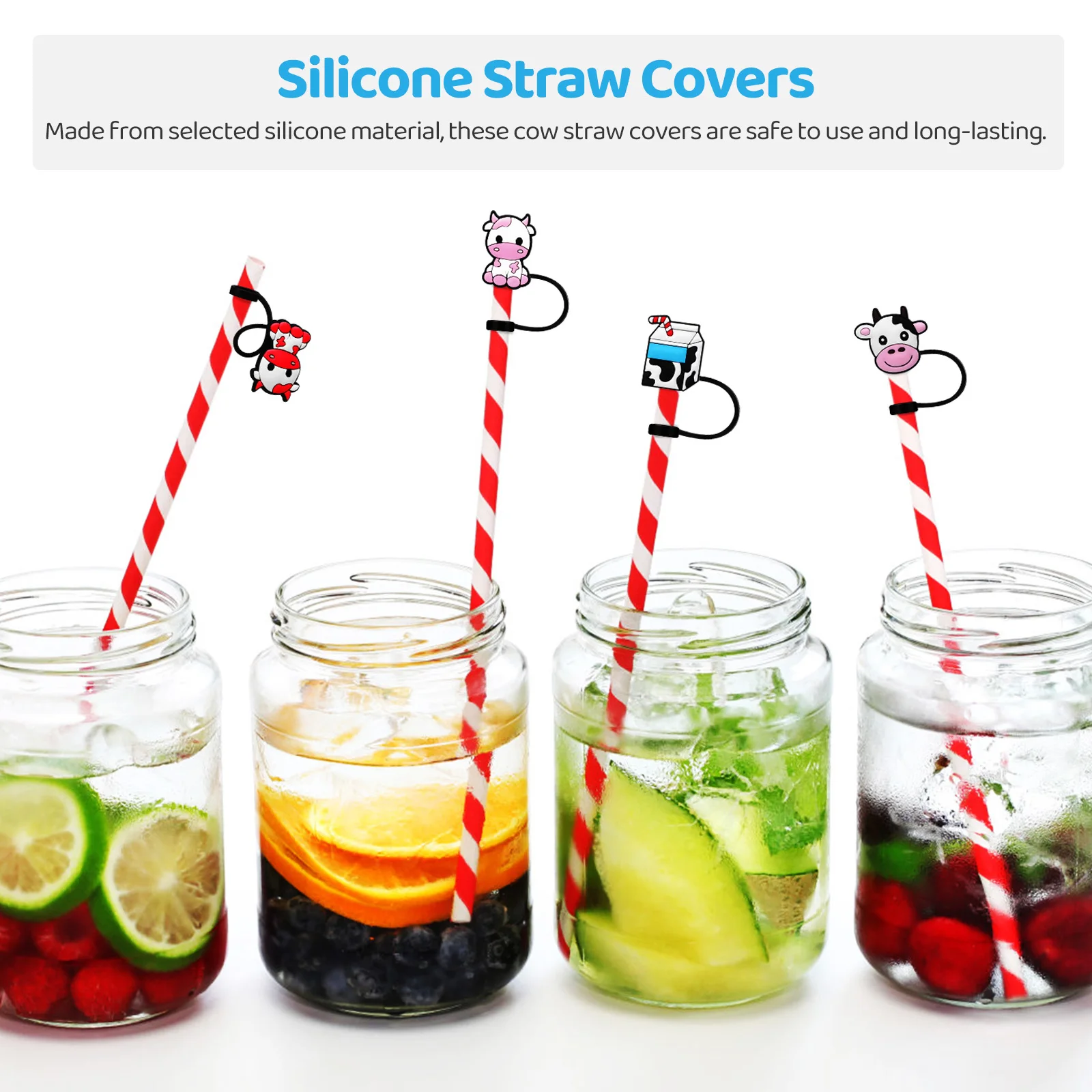

10Pcs Dust-Proof Straw Caps Silicone Animal Shape Drink Protectors Reusable Small Toppers for Smoothies Shakes Cow Design