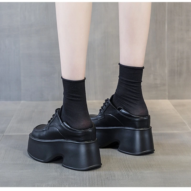 CICIYANG Girl Shoes British Style Loafers Genuine Leather 2024 New Spring Shoes Black White Lace-up Thick-soled High Heels Women