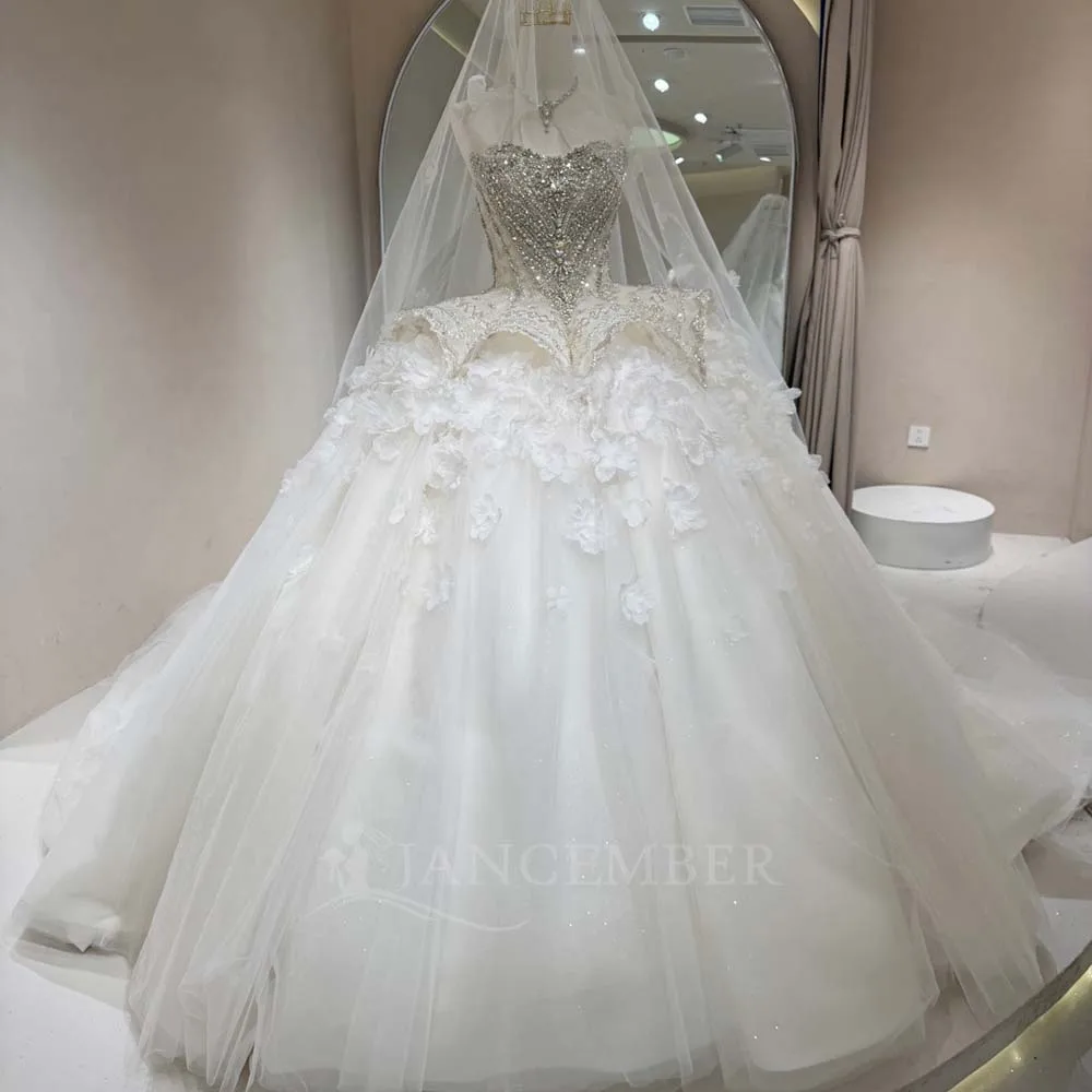 

Luxurious Lace Crystal Bead Women's Wedding Dress Princess Bride Dress Chapel Train Strapless Vestido De Noiva Customized