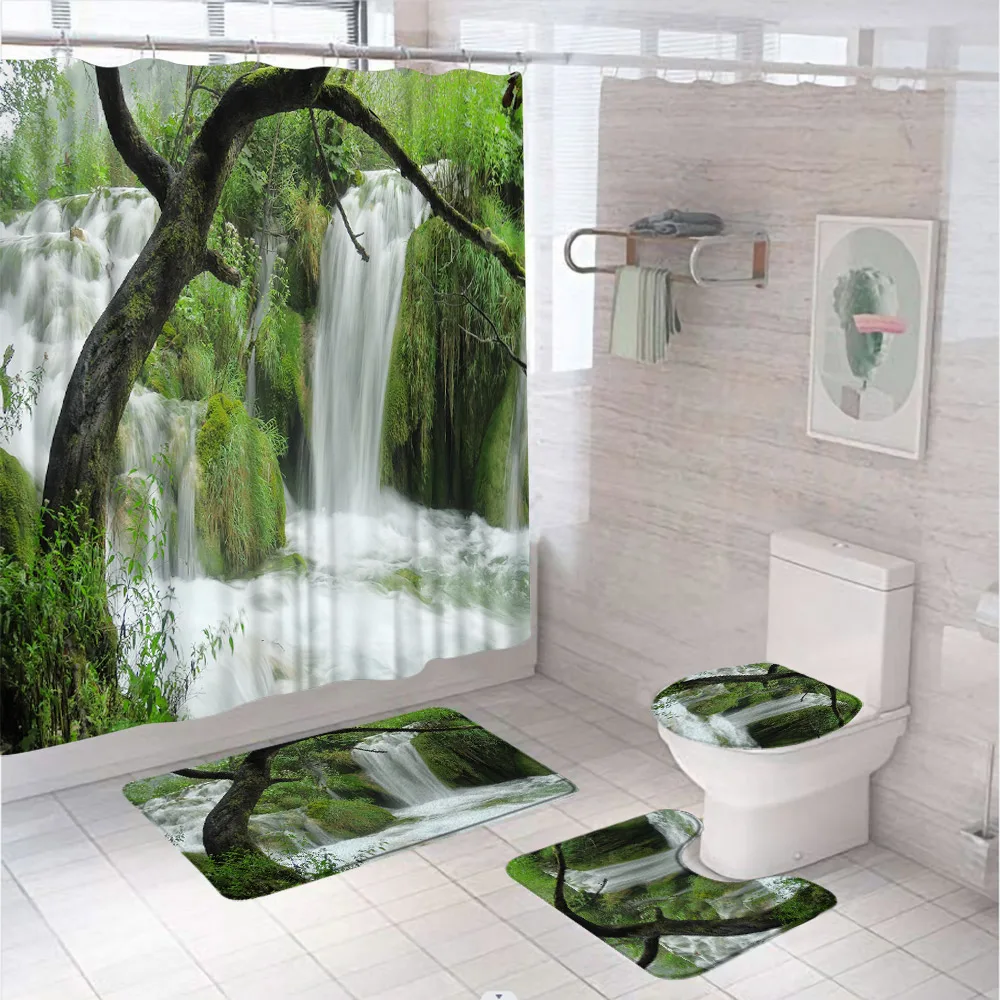 Waterfall Forest Waterproof Shower Curtains Set Natural Scenery Bath Curtain Rainforest Landscape Bathroom Mat Rug Toilet Cover