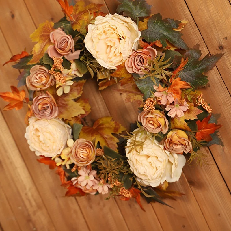 1 PCS Thanksgiving Autumn Maple Leaf Wreath Decorative Pendant As Shown 40X40cm Home Autumn Artificial Flower Wall Wreath