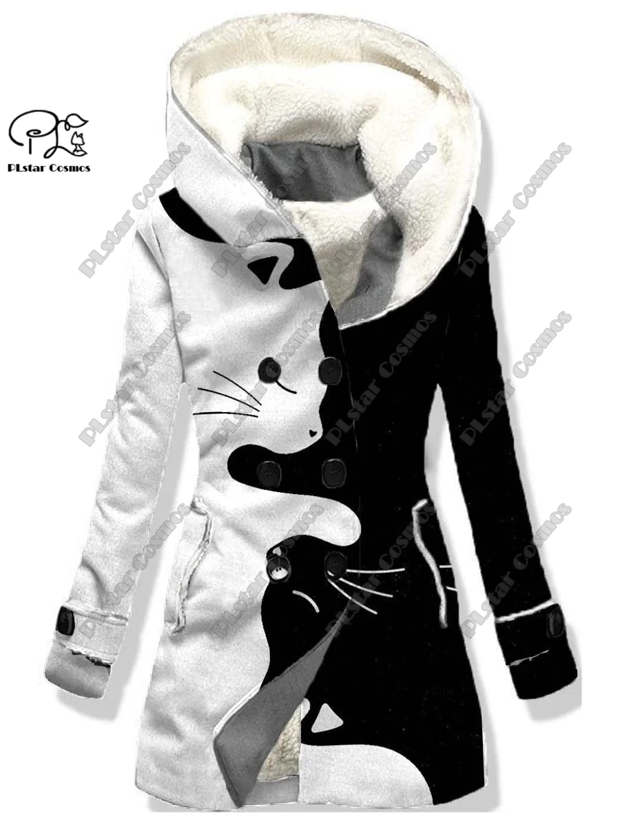 3D printed cat floral pattern hooded fleece jacket warm and cold-proof women\'s jacket winter casual gift series for yourself