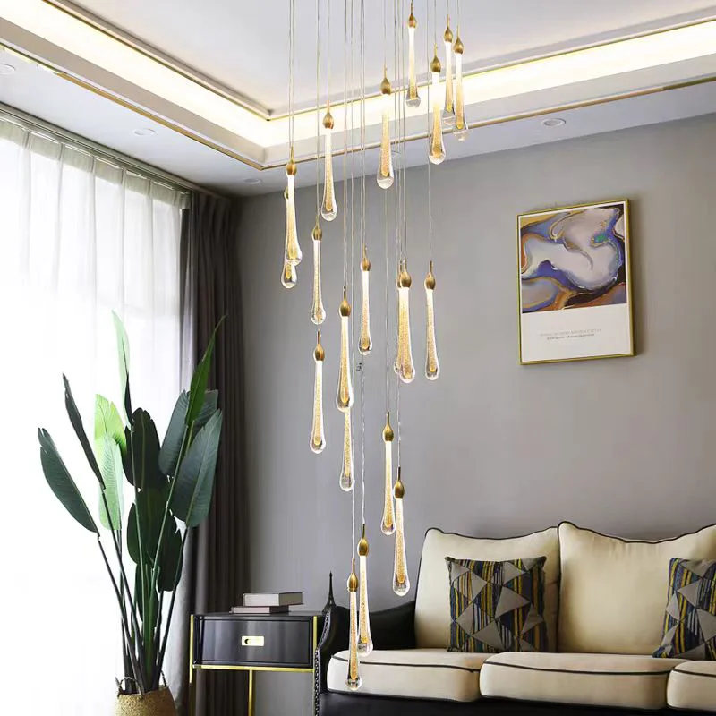 

Modern Minimalist Water Drop Gold Crystal Glass LED Ceiling Chandelier Lighting For Staircase Dining Room And Kitchen Island Pen