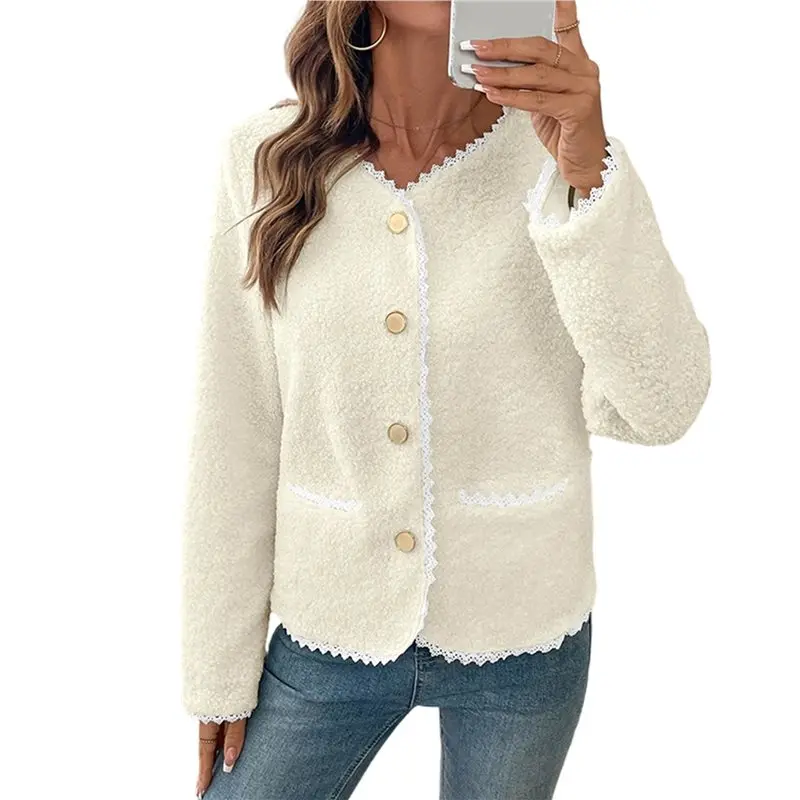 

CYL-Women Open Front Sherpas Coat Lace Trimjacket Trendy Long Sleeve Clothes Coatigan