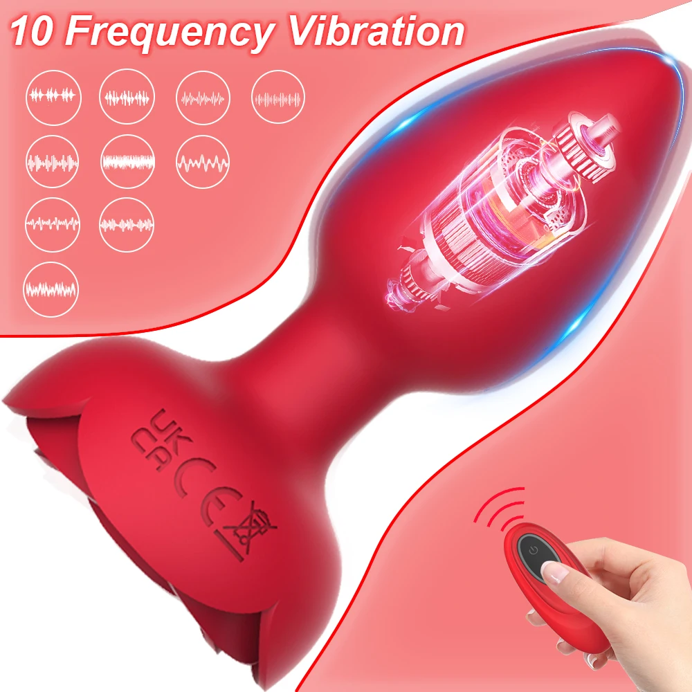 Rose Anal Plug Vibrator LED Light Wireless Remote Control Butt Plug Prostate Massager Anal Trainer Sex Toys for Women Men Adult