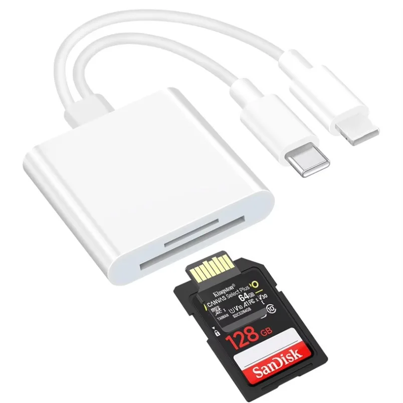 High Speed SD Card Reader 2 in 1 Lightning USB C Dual Slot Micro TF Card Adapter Fast Data Transfer for Camera Photographer