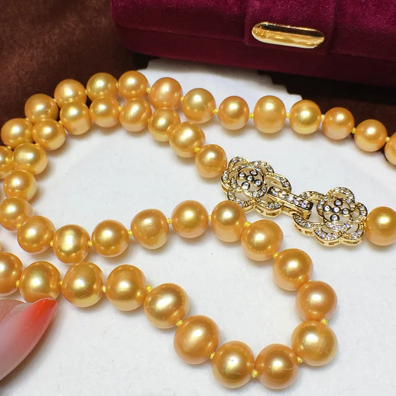 New Pearl AAAA 8-9mm 9-10mm  Natural South Sea Gold Round Pearl Necklace 18 inch +7.5-8 inch Bracelet+Open Ring+925 Earring Set