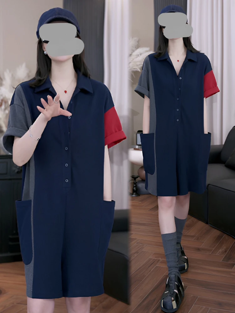 컬러 블록 여성용 루즈핏 패셔너블 디자인 칼라 점프수트 여름 신상 한국 스타일 하이웨이스트