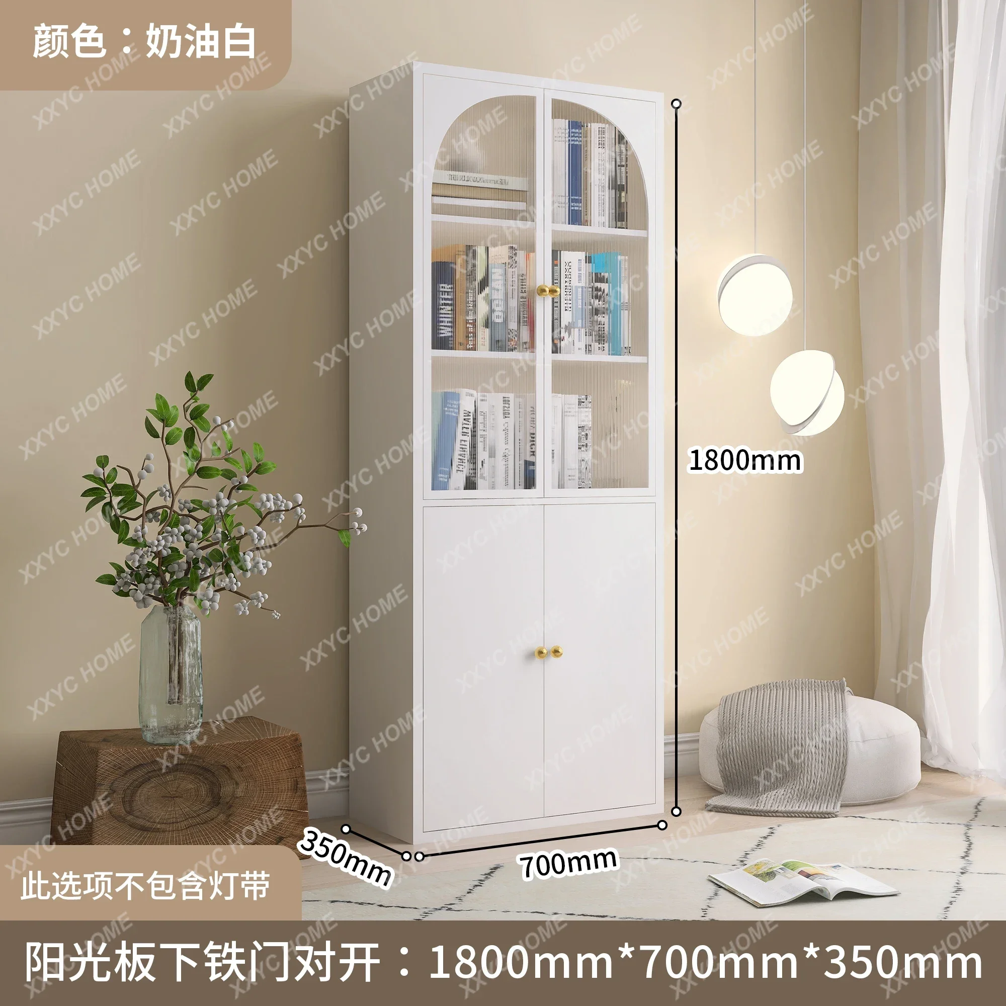 S Cream Style Bookcase Glass Door Dust-Proof Bookshelf Iron Storage Cabinet