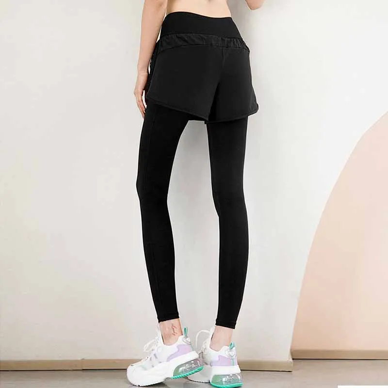 Mallas elásticas de cintura alta para mujer, pantalones de Yoga falsos de dos piezas con bolsillos, ropa deportiva para correr, ropa de Yoga para