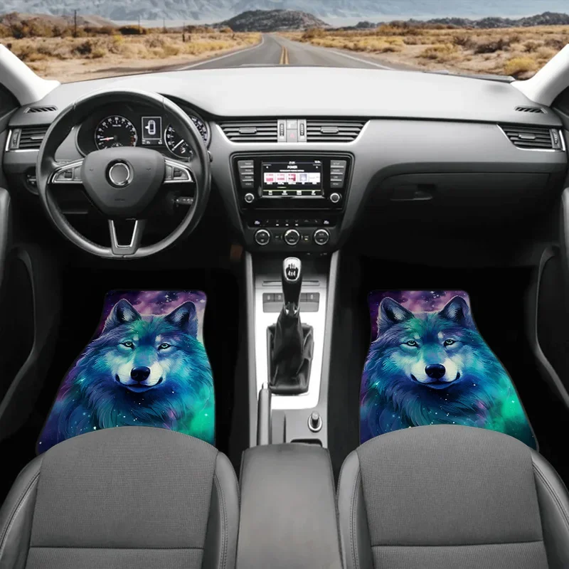 4pcs Blue wolf pattern Car Floor Mats Universal Waterproof Non-Slip Front Rear Auto Floor Mat Non-Slip Car Carpet Easy Clean