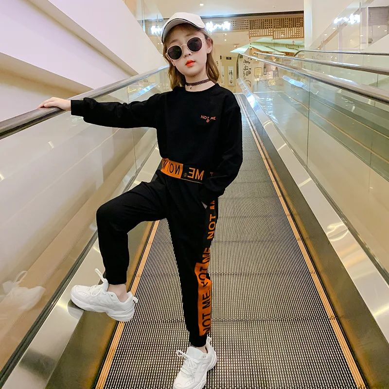 2024 Autumn Kids Girls Tracksuit Letter Long Sleeve Sweatsuit Teenager hoodie + striped pants Clothing Set 4 6 8 10 12 Years