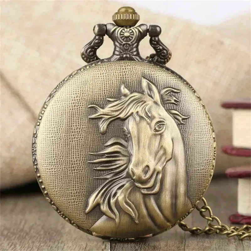 Horse Fesign Bronze Quartz Pocket Watch with Pendant Necklace Gift for Men Women Pocketwatch Masculino Relogio Clock