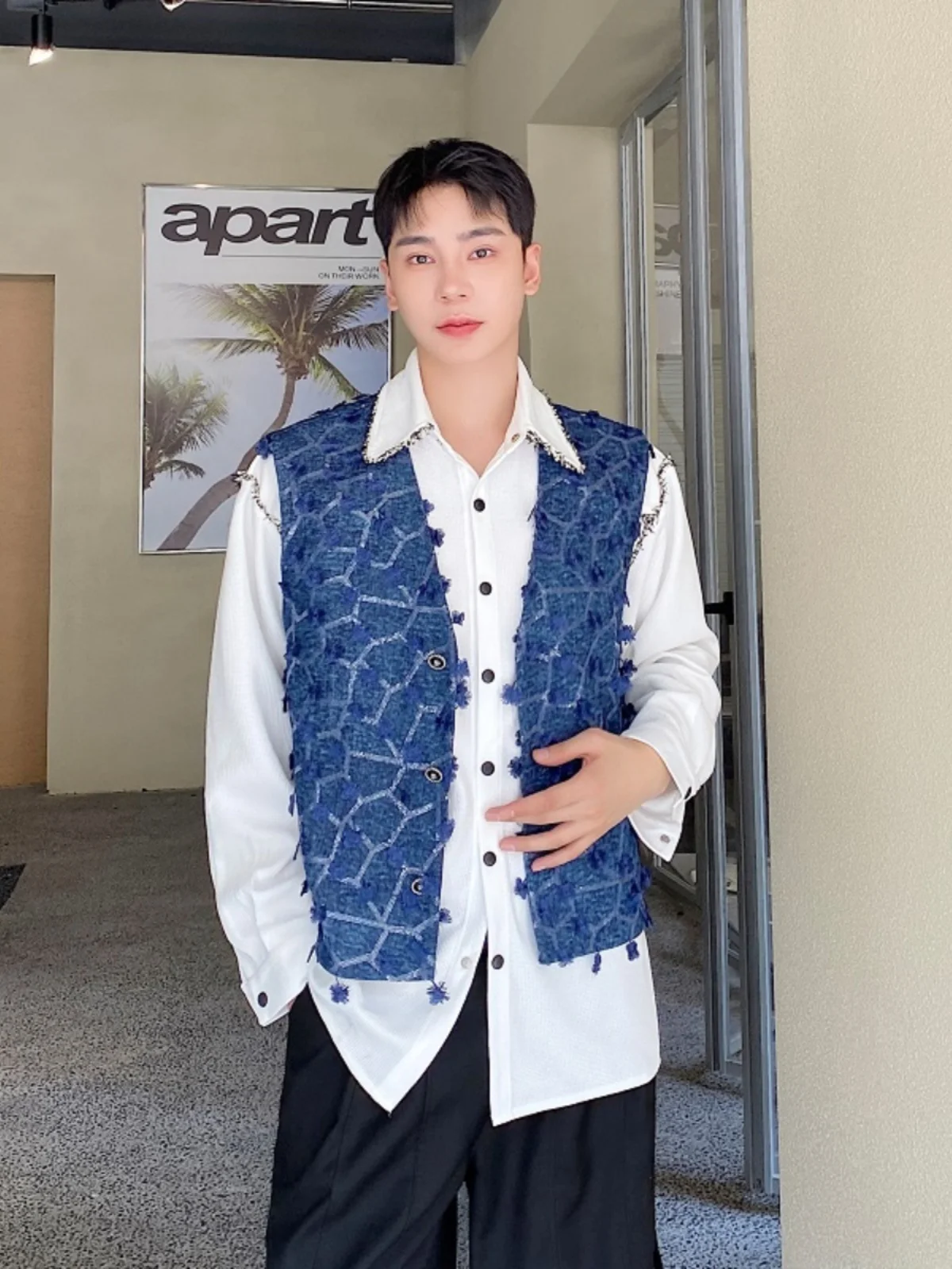 

Джинсовый открытый кардиган ручной работы с металлическими блестками, мужской жилет-конверт, осенняя модная корейская верхняя одежда Sle Allians, повседневная свободная посадка