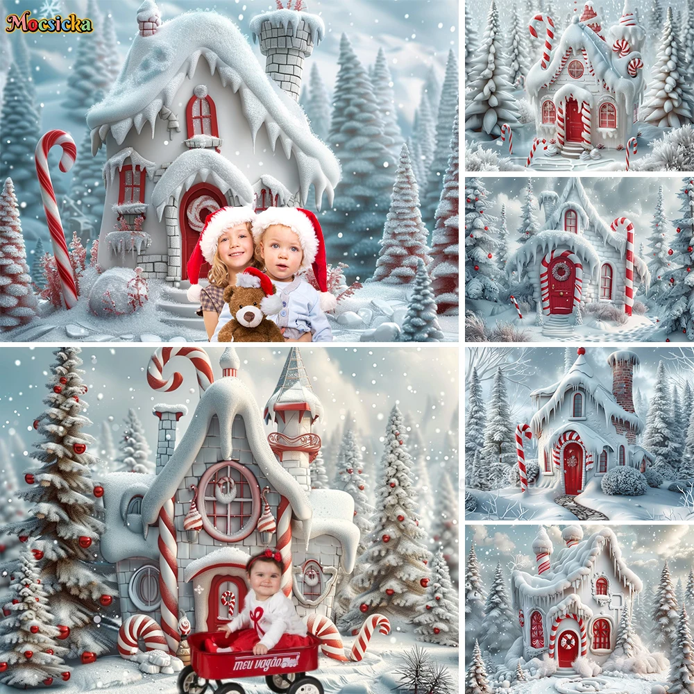 

Candy Cane House Background for Christmas Kids Newborn Winter Birthday Party Pine Forest Snowflakes Wonderland Backdrop Studio