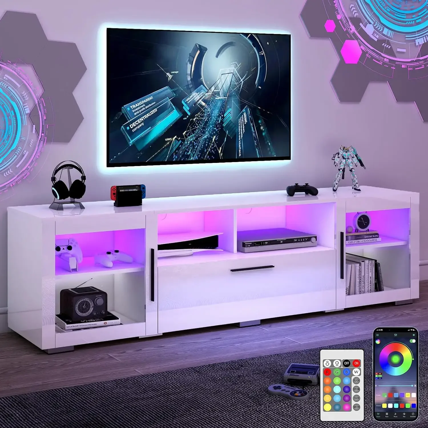 70 Inch Modern TV Stand with Music Sync LED Lights for 75 Inch TV, High Gloss Entertainment Center with Storage Cabinet