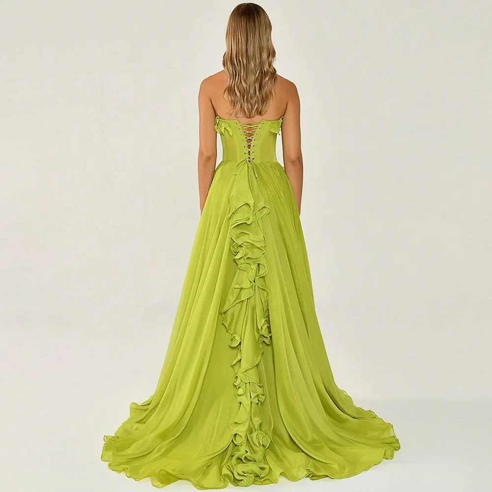 2024 Sleeveless Backless High Slit Party Long Dresses Luxury  Strapless Ruffled Green Birthday Dresses For Women