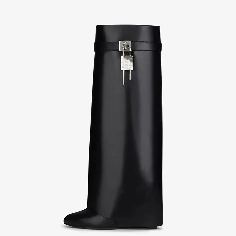 2024 Winter New Fashion Shark Lock Pants Knee Boots for Women Europe and America Elegant Slip-on High Heel Shoes Big Size 43 44