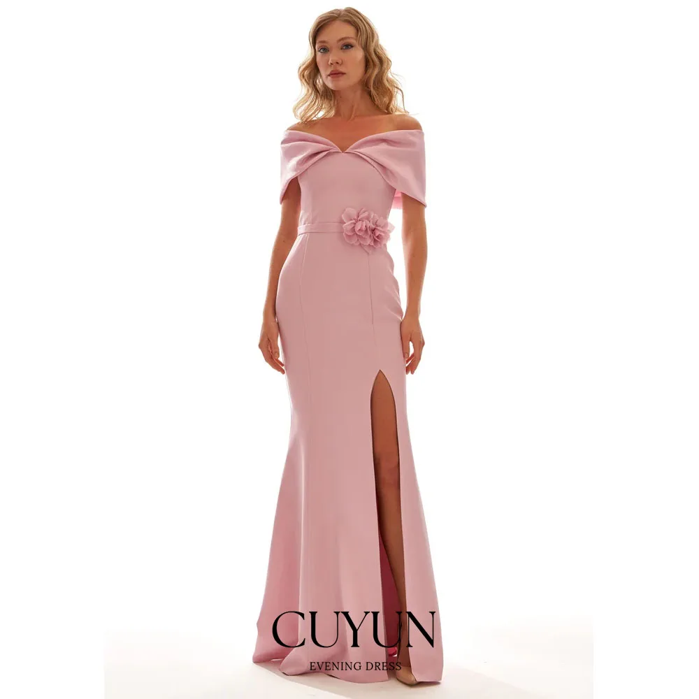 

CUYUN Customized Off the Shoulder Evening Dresses with Slit 3D Flower Mermaid Wedding Guest Gown Wedding Mother of the Bride