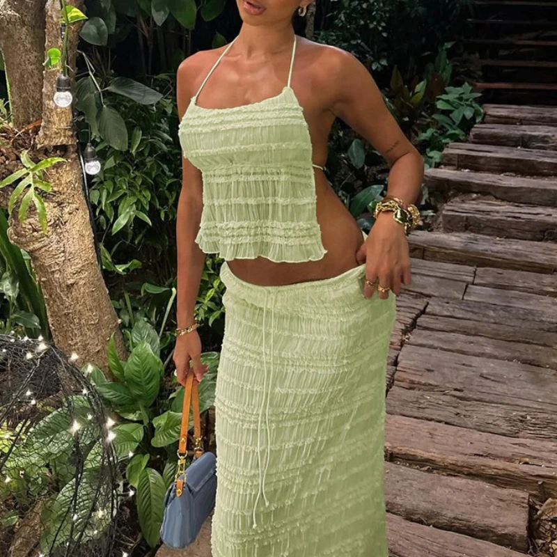 2025 verano moda francesa nuevo Sexy cuello Halter pecho envoltura delgada doble correa vestido largo traje vestido