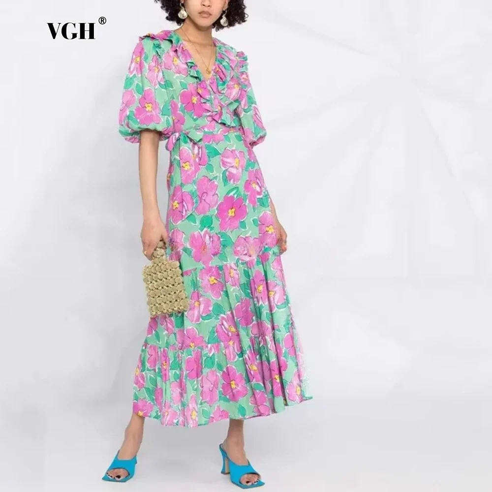 VGH Fashion Traval Printing Plus Size Dress for Women V Neck with Ruffles Puff Sleeve High Waist Pleated Midi Dresses Female New
