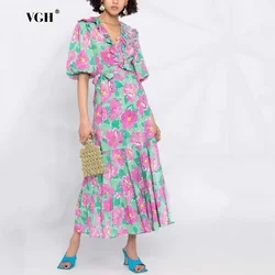 VGH Fashion Traval Printing Plus Size Dress for Women V Neck with Ruffles Puff Sleeve High Waist Pleated Midi Dresses Female New