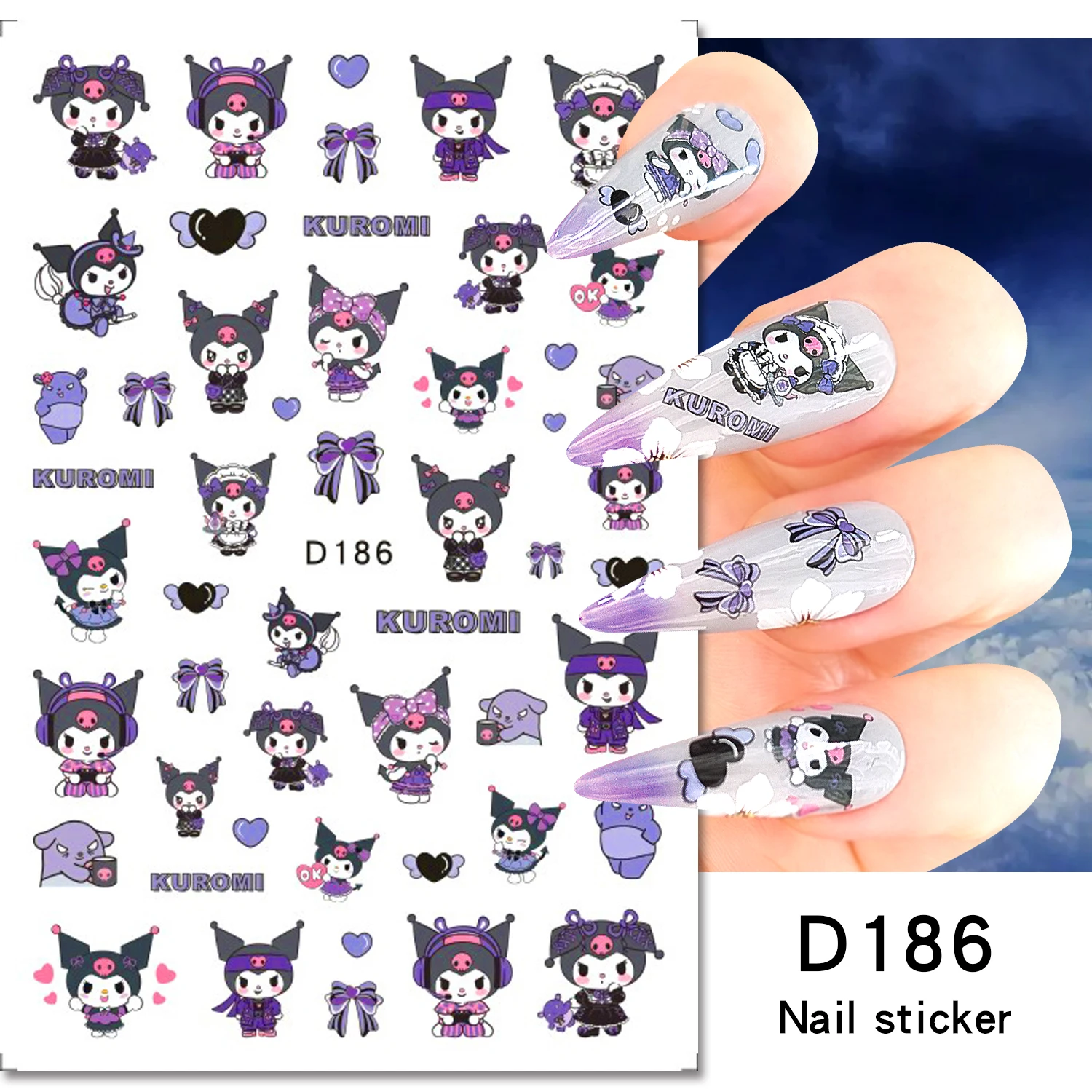 1Pc Kawaii Little Kuromi Nail Stickers Cute Cartoon Hello Kitty Nail Decoration Purple Hearts Nail Decals DIY Manicure Accessory