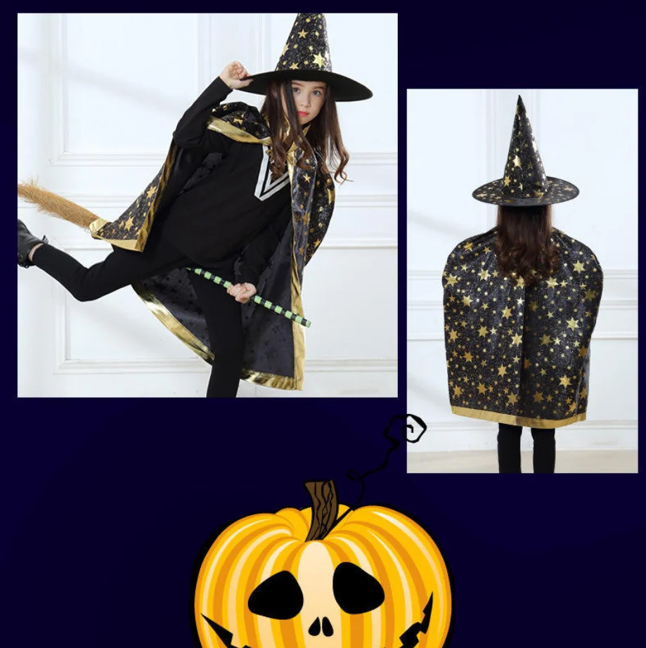 Capa de Halloween con sombrero, patrón de estrellas, capa de calabaza, disfraces de Cosplay, disfraz de Halloween para niños, niñas, fiesta de cumpleaños