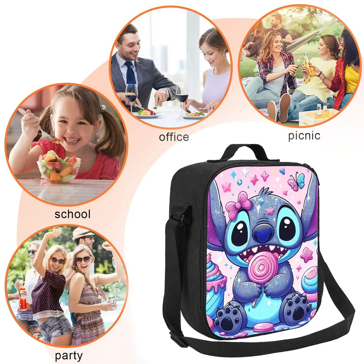 Custom Cartoon Pink Stitch Insulated Lunch Bags for Women Anime Cartoon Cooler Thermal Food Lunch Box Outdoor Camping Travel