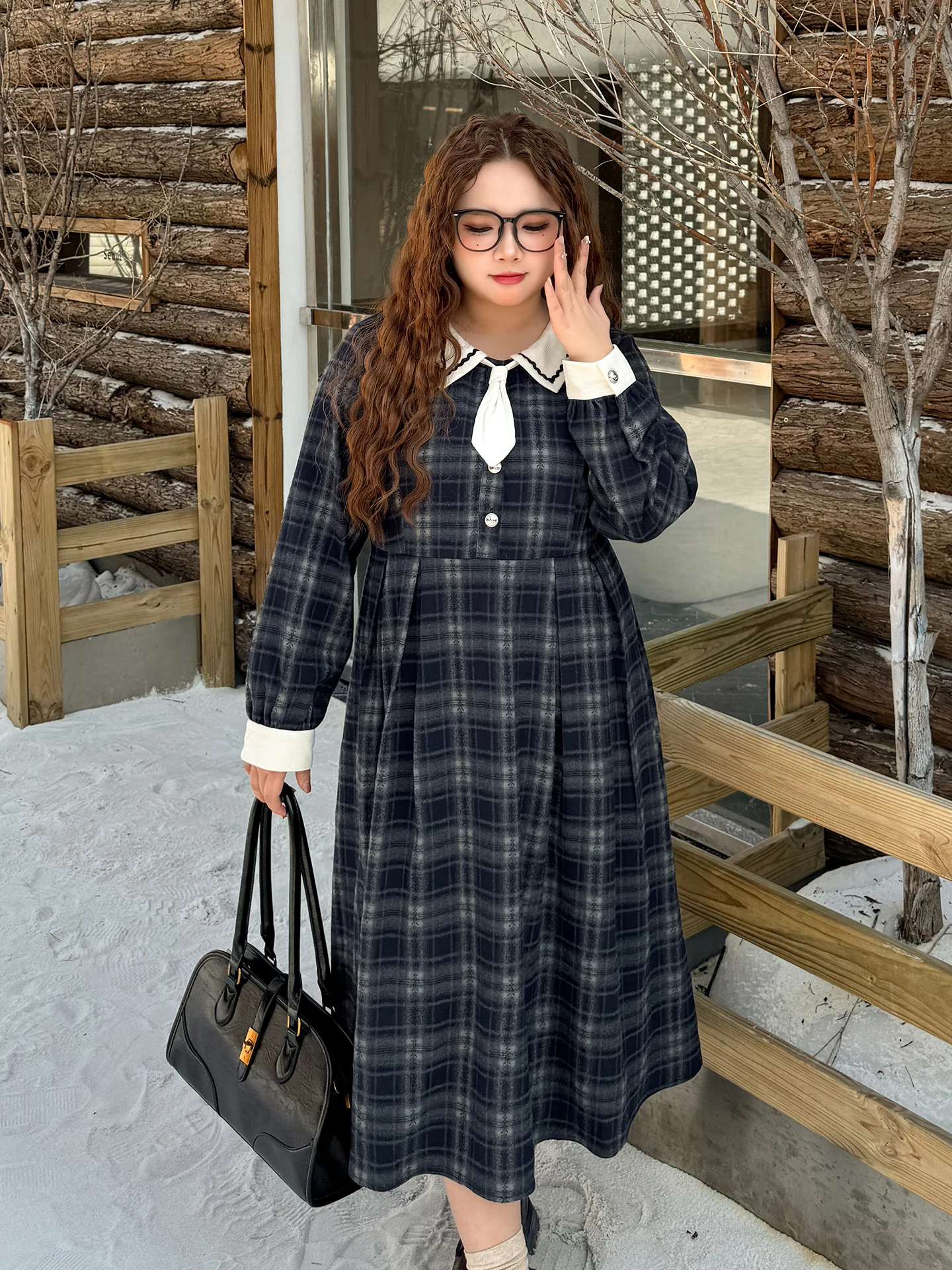 

Новинка! Женское платье больших размеров в студенческом стиле с длинным рукавом, приталенное, с воротником-стойкой, французский стиль, А-силуэт, весна