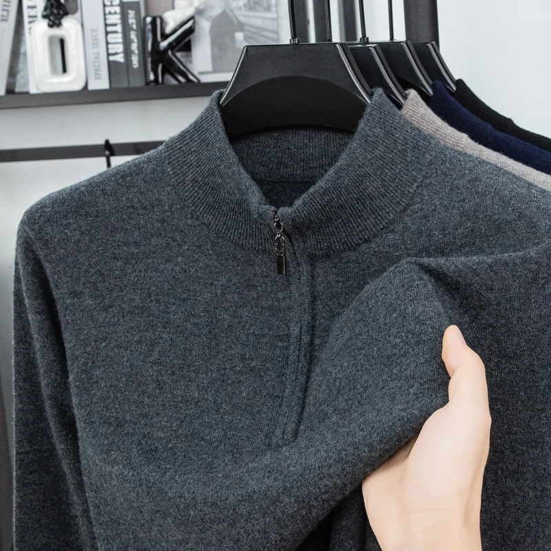 100% Wool Zip Up Sweater Men Autumn Winter Thick Pullover High Neck Sweater
