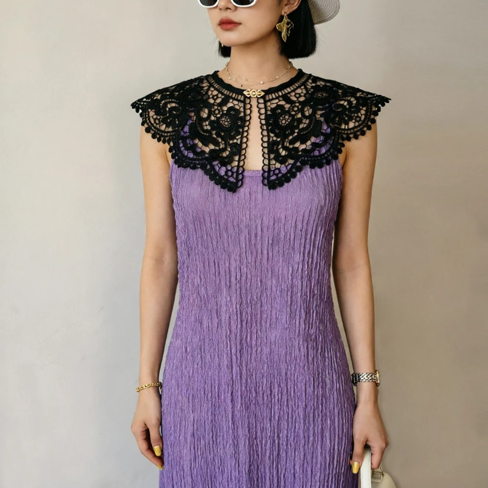 

Pleated Sleeveless Elastic Long Dresses Women Vintage Palace Style Womens Black White Doll Fake Collar Soft Midi Dress Clothing
