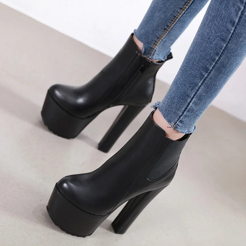 

New Autumn Winter Platform High Heels Women Ankle Boots Black PU Leather Round Toe Fashion Female Thick heel Shoes Large size