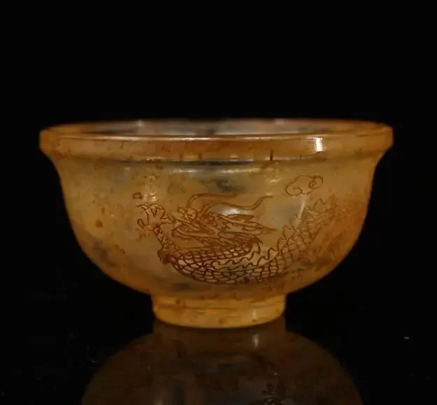 

China Antique Tibet old crystal hand carved dragon phoenix Offering Water Bowl tibetan singing bowl