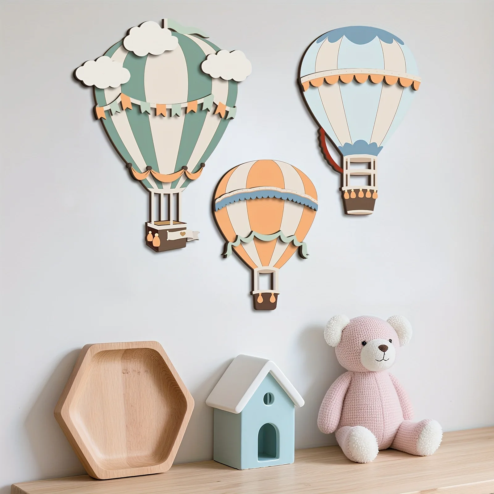 3D Cute Colorful Hot Air Balloon Wooden Wall Decoration Set, Adding a Dreamy and Warm Feeling to the Room Space, Home Decor Wall Stickers, Can Be Used as a Holiday Gift!