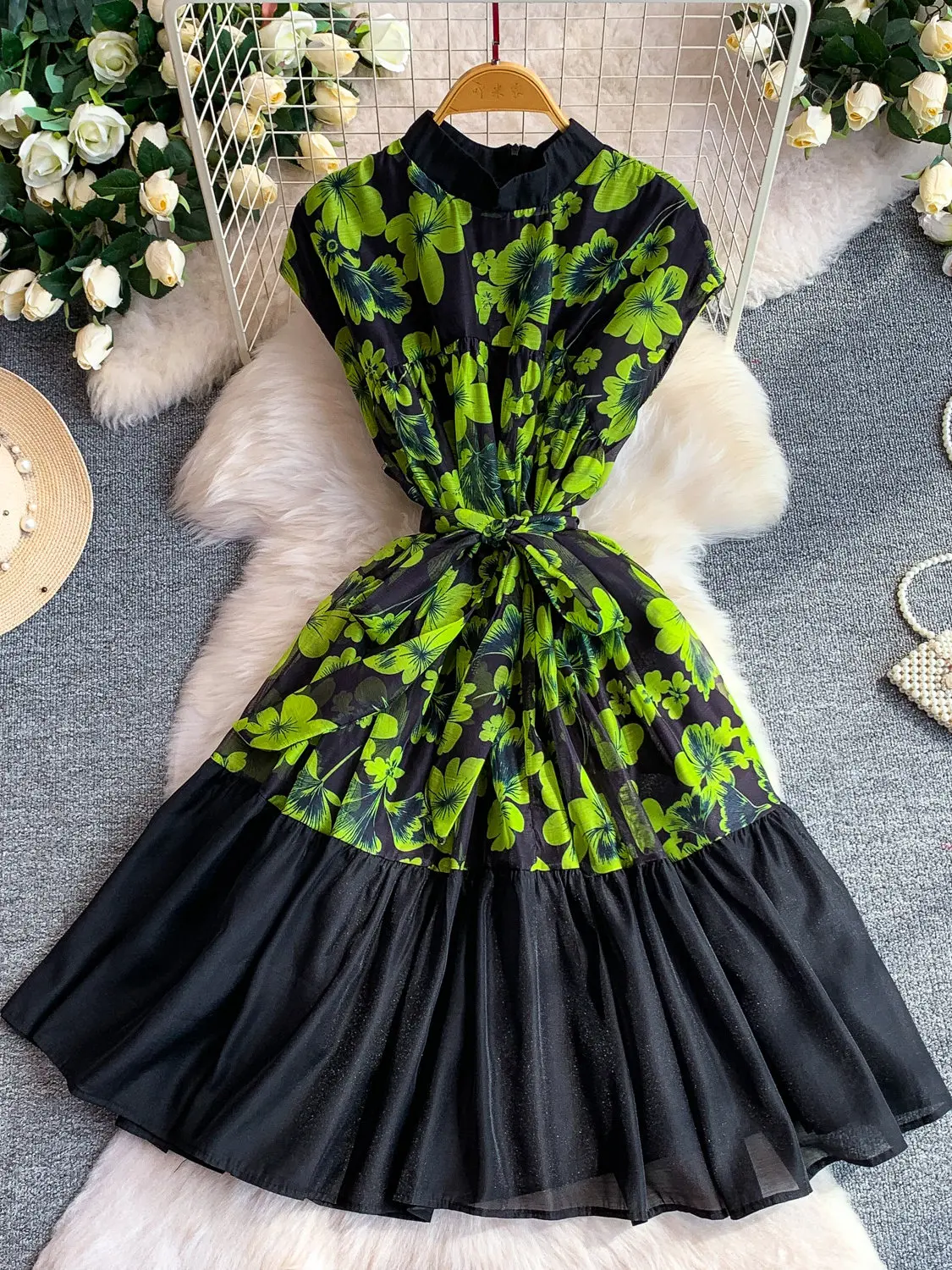 Women's Green Print Sleeveless Patchwork Midi Dress Y2K Gyaru Vintage Elegant French Luxury A-line Dress for Women Summer 2026