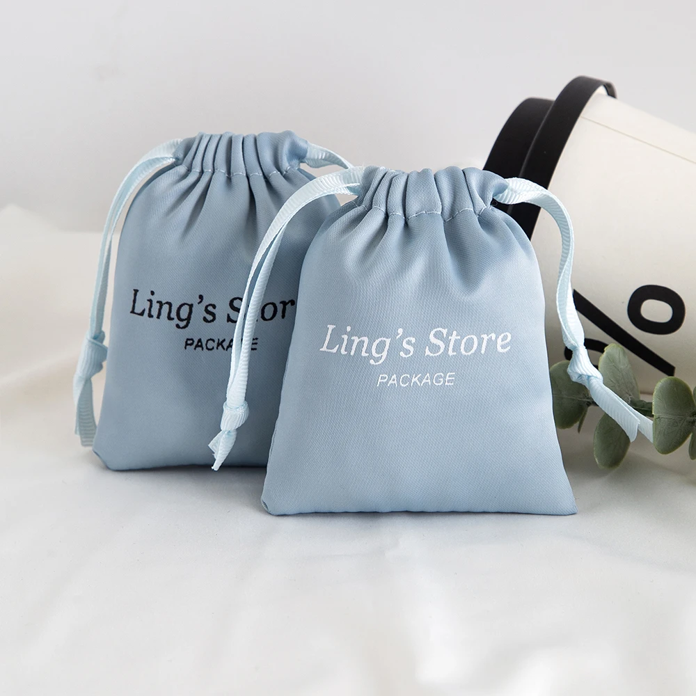 

50Pcs Customized Baby Blue Silk Jewelry Drawstring Bag Satin Wedding Bridesmaid Gift Organizer Candy Keychain Phone Case Pouches