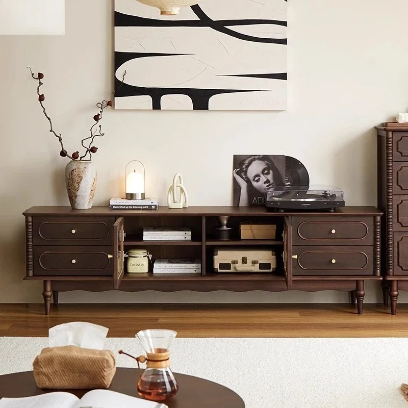 

Hot sales Solid wood retro walnut color bucket combination storage side cabinet small apartment bedroom wall storage TV