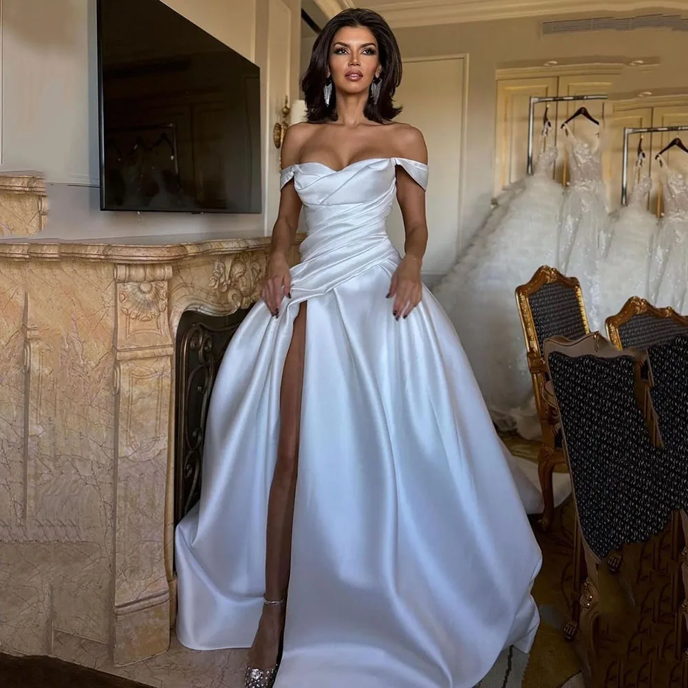 Vestidos de casamento de cetim, Vestidos De Noiva De Cetim, Fora do vestido de noiva do ombro, Elegante, Branco, 2024