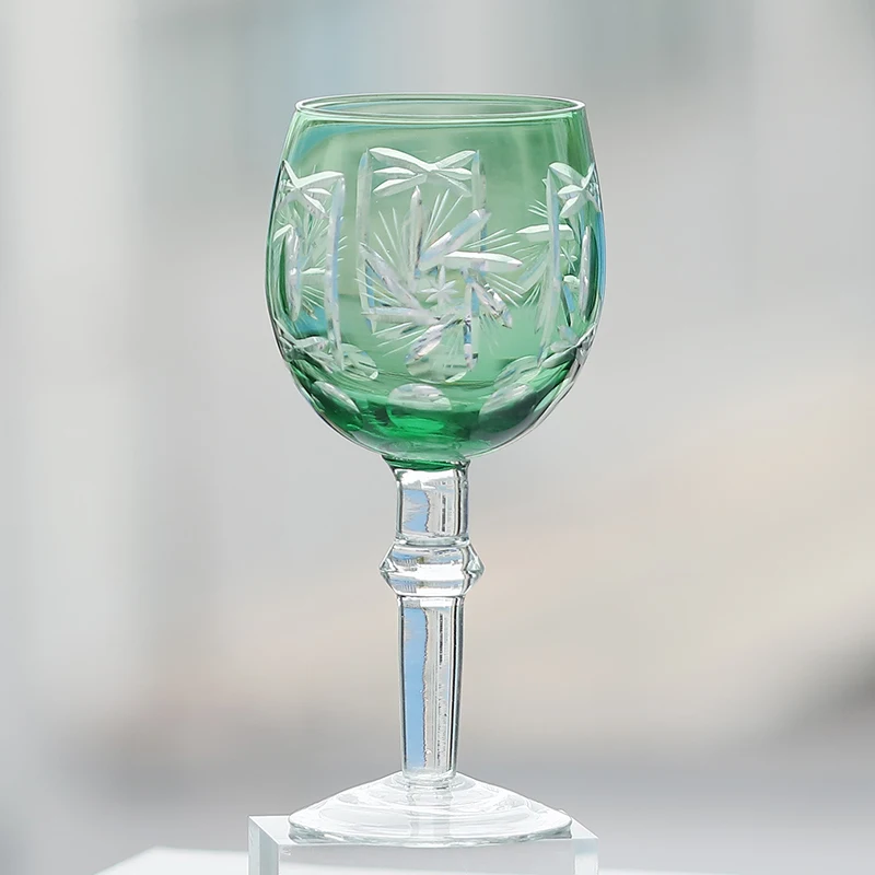 300ml Hand Cut Floral Pattern Edo Kiriko Crystal Tall Glass Whisky Glass Cup  Blue And Green Color with Gift Box 1 PC