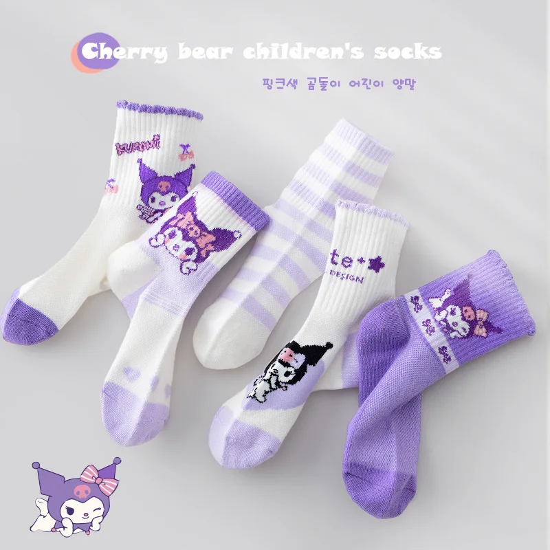 5Pcs Kids Socks Kuromi Sanrio Kids Socks Kitty Cinnamoroll My Melody Anime Spring Summer Soft Breathable Sport Sock Girl Gift