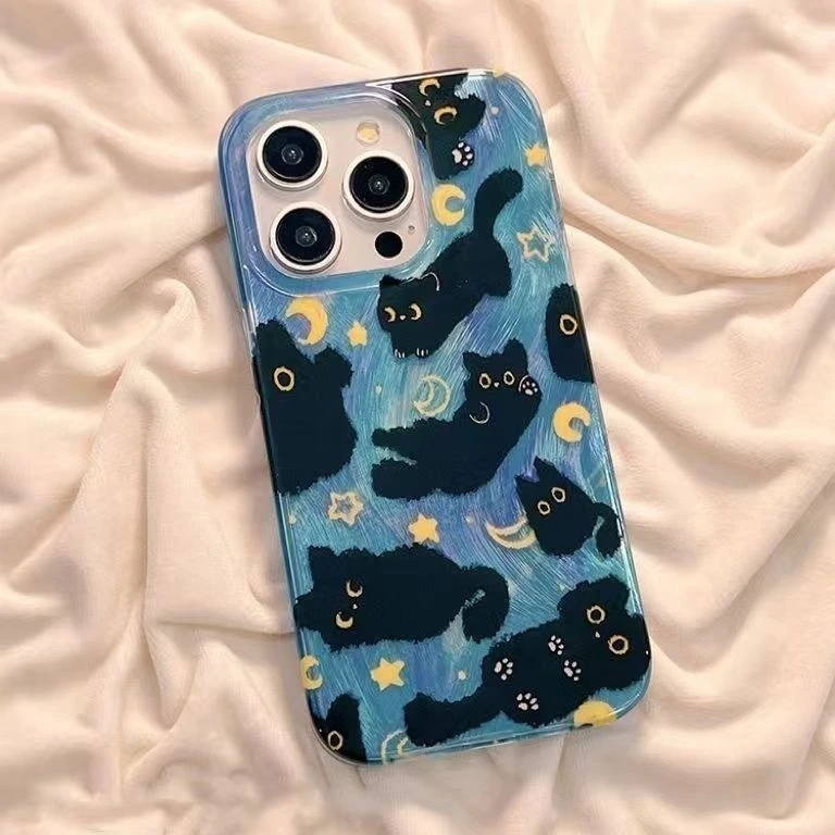 Cartoon Dreamy Moon Cute Cat Doodle Phone Case for Samsung Galaxy S25 S24 S23 S22 FE Ultra Plus 4G 5G Feather Texture Back Cover - náhled 4